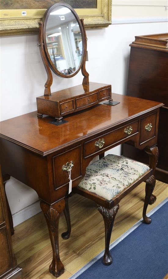 A burr walnut dressing table, stool and mirror W.108cm
